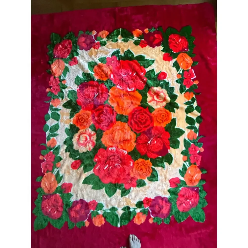 Vintage Wonu Korean mink reversible blanket vibrant red rose floral 73x88”